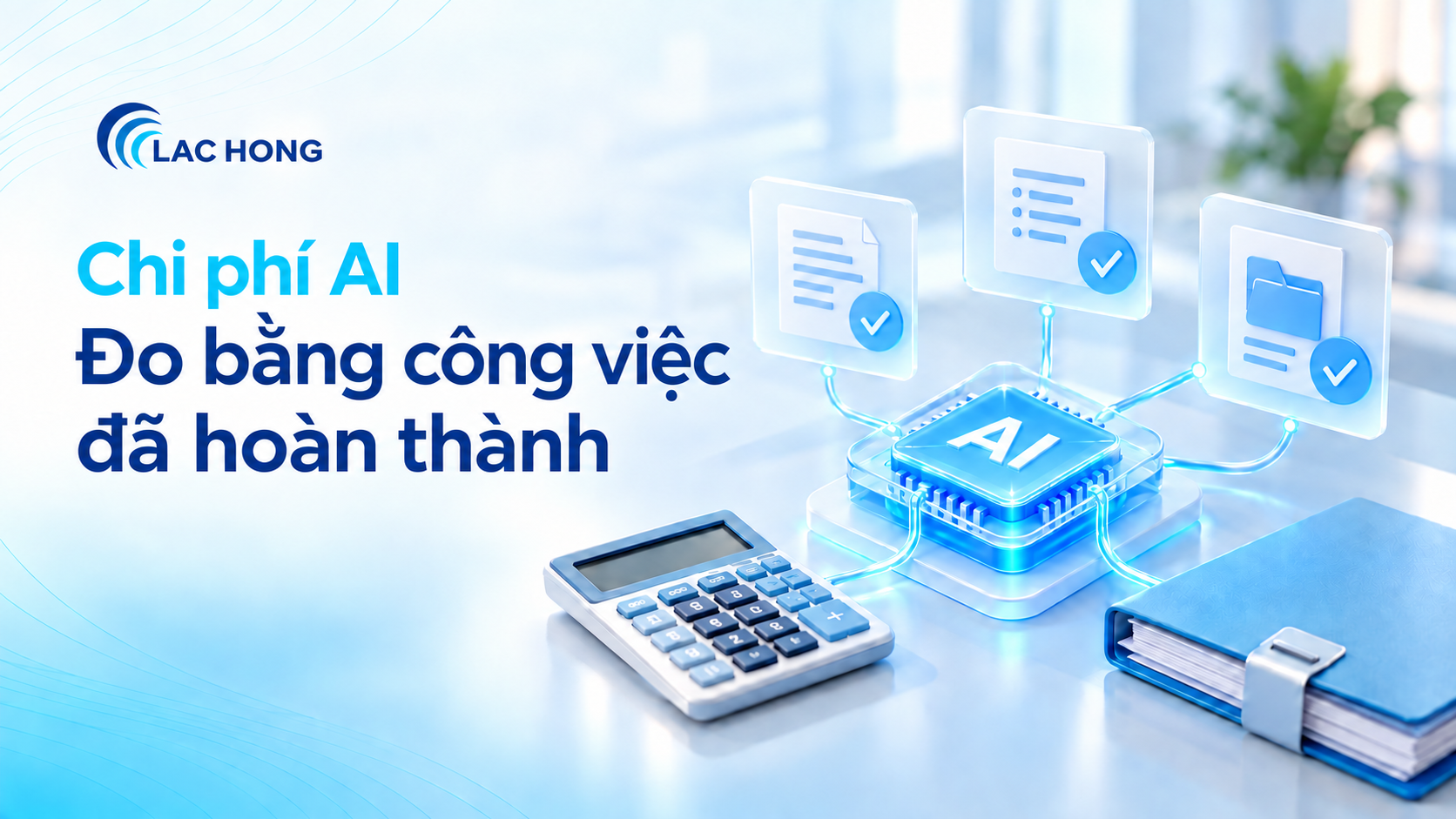 Minh họa quản lý chi phí AI bằng khối xử lý AI, máy tính và các đầu việc hoàn thành